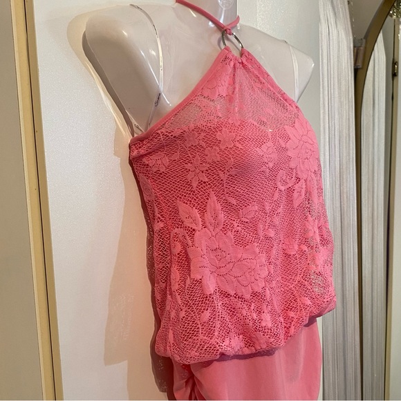 Sirens Pink Floral Lace Mesh Halter Top Mini Dress Size S - Picture 3 of 16